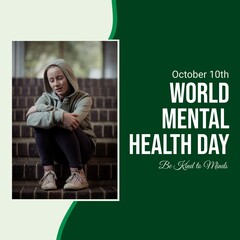 Composition of world mental health day text over sad caucasian woman