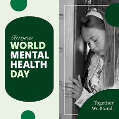 Composition of world mental health day text over sad caucasian girl
