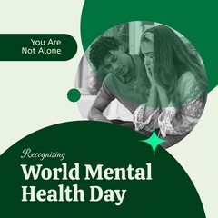 Composition of world mental health day text over sad diverse couple