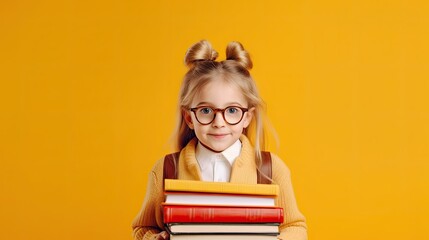 Funny smiling child school gir with glasses hold books on yellow background. Back to scool concept. ai generative