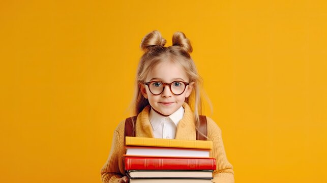 Funny Smiling Child School Gir With Glasses Hold Books On Yellow Background. Back To Scool Concept. Ai Generative