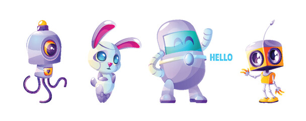 Cute futuristic ai robot character cartoon illustration set. Vector artificial intelligent isolated mascot group and friendly companion in yellow and purple. Smart chatbot mechanism waving concept