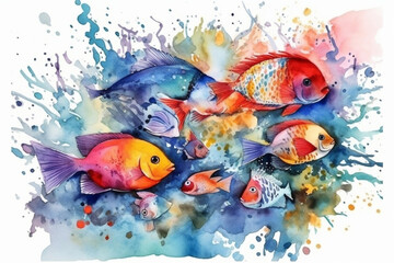 Colorful tropical fish swimming in a coral reef, Animals Watercolor, 