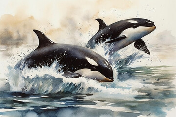 Obraz premium Magnificent orcas leaping out of the water, Animals Watercolor, 