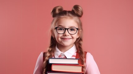 unny smiling child school girl with glasses hold books on pink background. Banner copy space. Back to scool concept. Ai generative
