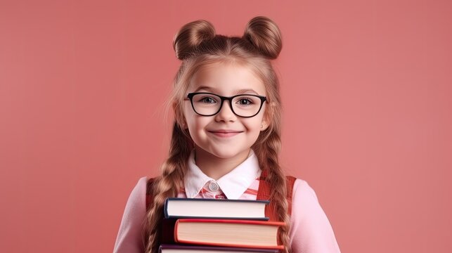 unny smiling child school girl with glasses hold books on pink background. Banner copy space. Back to scool concept. Ai generative