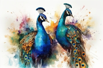 Beautiful peacocks displaying their colorful feathers, Animals Watercolor, 