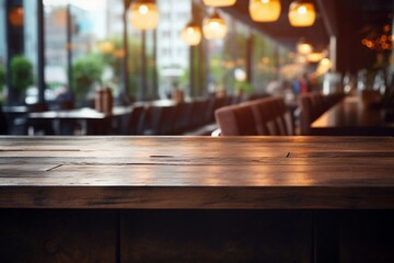 Top desk with blur restaurant background