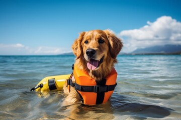 Adorable Canine Dog with Life Vest and Floatation Device On. Generative Ai - obrazy, fototapety, plakaty