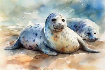 Cute seals basking on a sunlit beach, Animals Watercolor, 