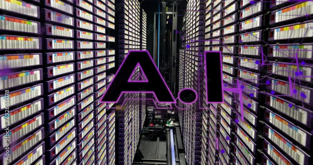 Poster animation of ai text banner and purple light trails against computer server room
