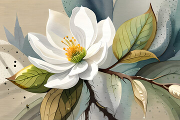 Watercolor painting floral digital art wall decor. White magnolia flower in watercolor artistic background wallpaper. Golden white, green and gray flowers for wall canvas decor. Ai generative