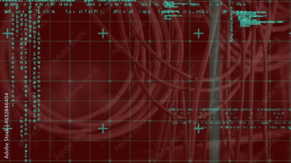 Poster animation of data processing over grid network against close up of a computer server