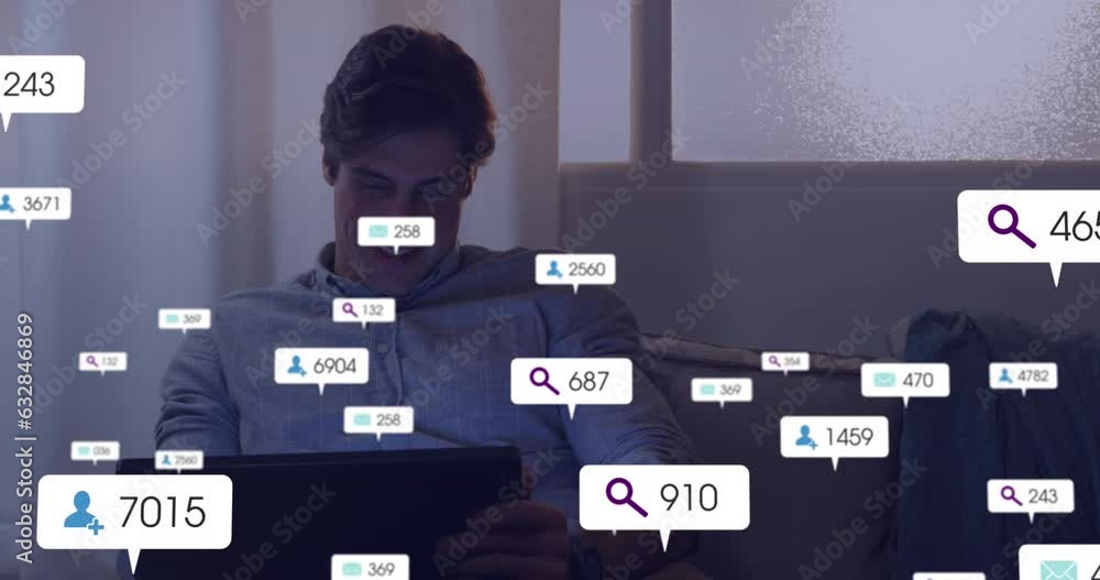 Poster animation of social media networking icons against happy caucasian man using digital tablet at home