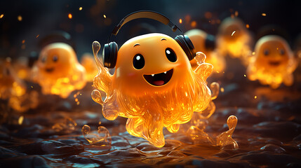 Illustration of fairy pumpkins ghosts in headphones. Halloween concept