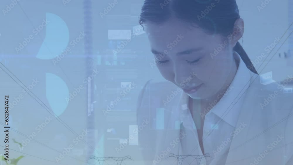 Aufkleber animation of statistical data processing over asian woman using smartphone against network towers