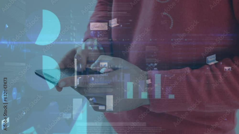 Poster animation of interface with statistical data processing over mid section of a man using smartphone