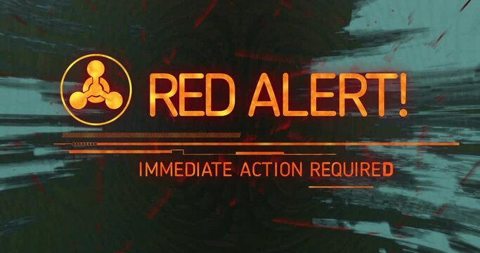 Animation of red alert text and chemical weapon symbol over blue light trails with glitch effect