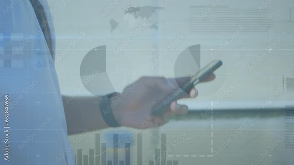 Poster animation of statistical data processing over mid section of a man using smartphone and walking