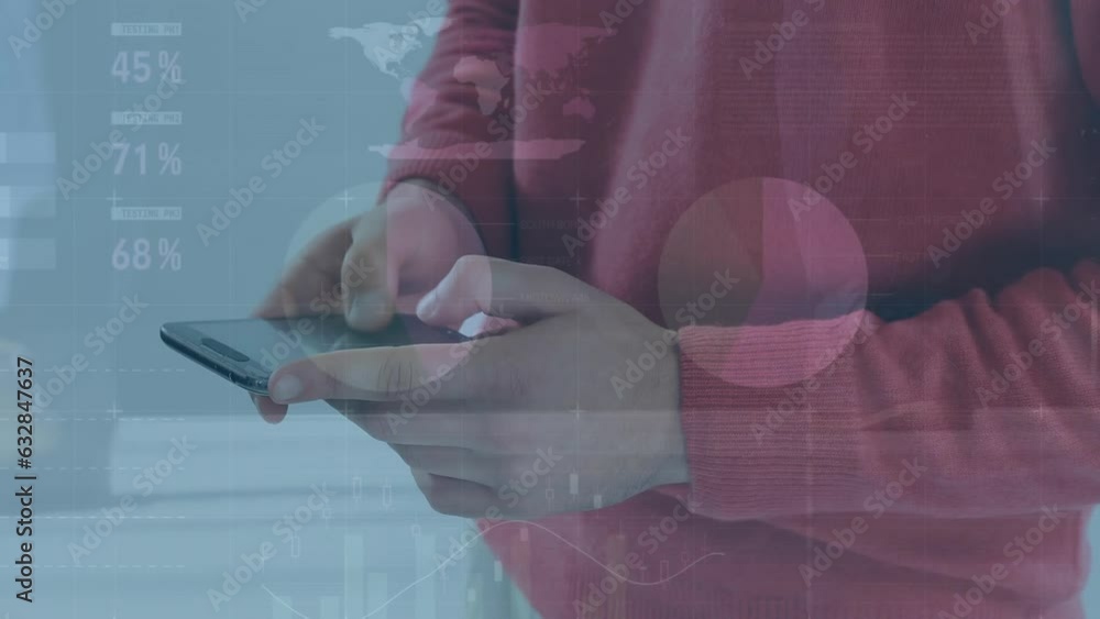 Poster animation of statistical data processing over mid section of a man using smartphone