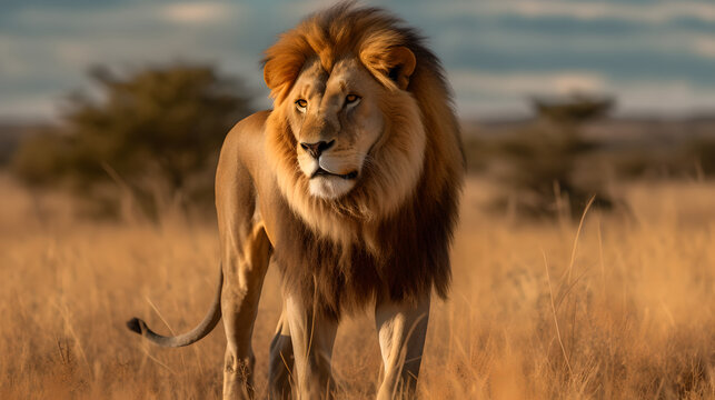 Stunning male lion standing in the savannah and looking toward camera