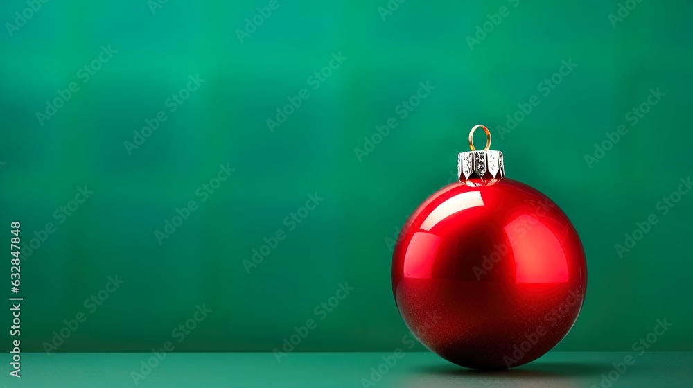 Wall mural Red xmas bauble isolated on a green background for card, banner. Minimalistic glass shiny red Christmas ball on green wall, table. Season, holiday greetings.