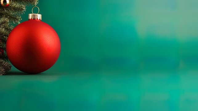 Red Xmas Bauble Isolated On A Green Background For Card, Banner. Minimalistic Glass Shiny Red Christmas Ball On Green Wall, Table. Season, Holiday Greetings.