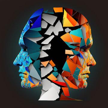 Abstract mental health concept bipolar with exploding fractured mind.  Generative AI.