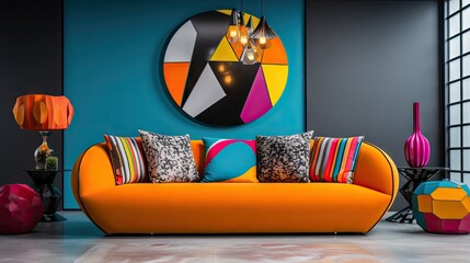 Striped colorful sofa in the room with geometric shapes and decorative pieces. The postmodern interior design of the modern living room. Created with generative AI