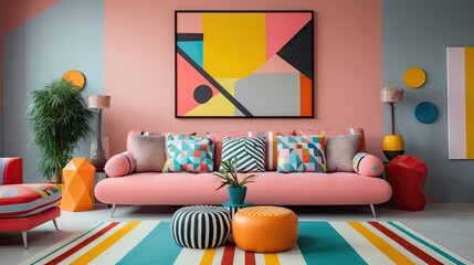 Striped colorful sofa in the room with geometric shapes and decorative pieces. The postmodern interior design of the modern living room. Created with generative AI