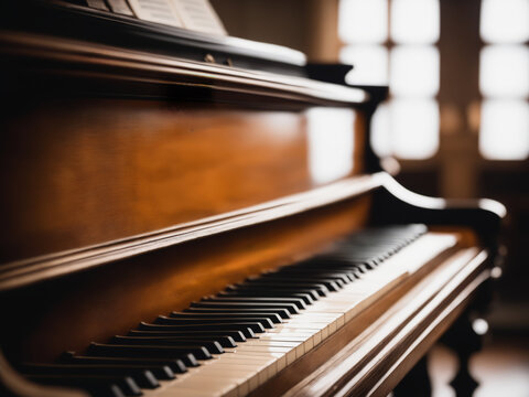 Closeup shot of a vintage piano with a blurry background