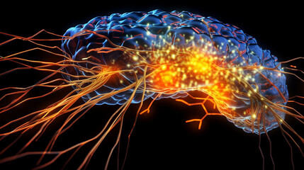 Obraz premium Concept art of a human brain ai generative brain psychology. Close up of human brain showing neurons firing and neural extensions.
