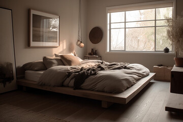 Simple bedroom with a platform bed and neutral color palette, Interiors, 