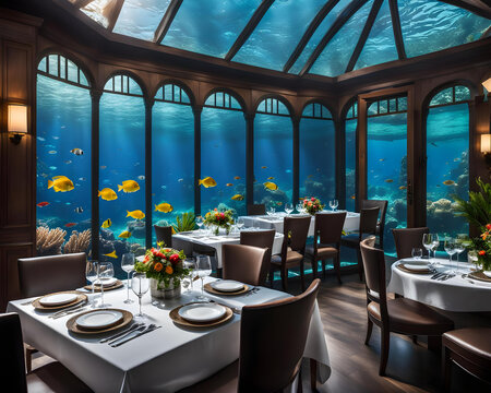 interior of an underwater restaurant - generative Ai