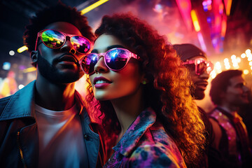 Fototapeta premium bright colorful neon lights with people raging and dancing at a disco. Generative AI.