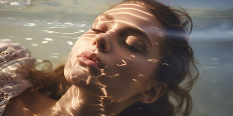 A young woman embraces the serenity of underwater relaxation, her closed eyes reflecting the beauty of a summer evening. - 632848872