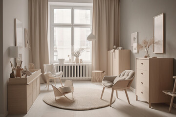 Minimalist nursery with a neutral color scheme and functional furniture, Interiors,  - obrazy, fototapety, plakaty