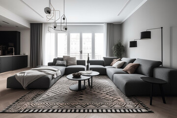 Clean-lined living room with a modular sofa and a geometric rug, Interiors, 