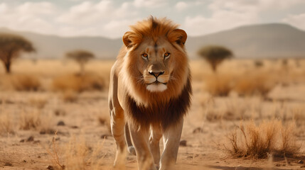 Naklejka na ściany i meble Stunning male lion standing in the savannah and looking toward camera