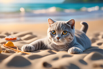 a Scottish Fold cat enjoying a summer vacation on the beach. Generative AI