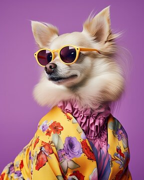 A curious chihuahua , anthropomorphic animal dog wearing a purple shirt and stylish sunglasses stares confidently, its pet-like demeanor radiating a wild, carefree spirit