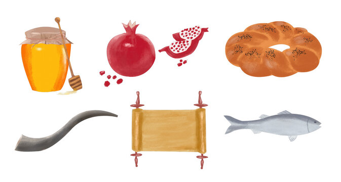 Jewish New Year elements , Rosh Hashanah elements isolated on white, honey, pomegranate, torah scroll, round challah, shofar and fish