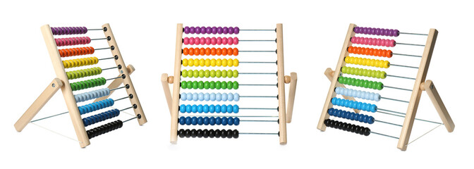 Wooden abacus isolated on white, different angles. Collage design with children's toy