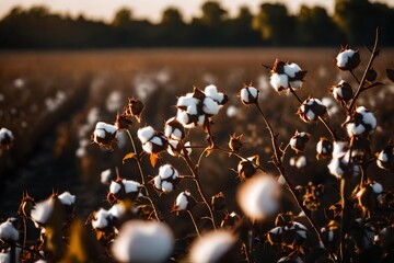 flowers in the field of cotton in sunrise - obrazy, fototapety, plakaty