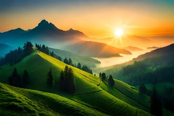 Green mountains sunset panorama with mist forest and sunset sky