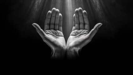 Praying hands with faith in religion and belief on dark background.