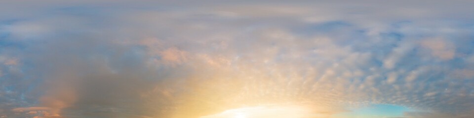 Sunset sky panorama with dramatic bright glowing pink Cumulus clouds. HDR 360 seamless spherical panorama. Full zenith or sky dome for 3D visualization, sky replacement for aerial drone panoramas.