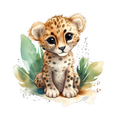 African Baby Cheetah Watercolor Clipart Illustration, Cute Safari Jungle Kids Animal Clipart, PNG, AI generated art, transparent