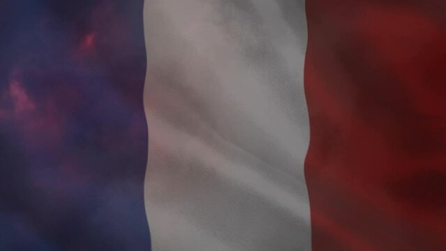 Animation of flag of france over lighting in background