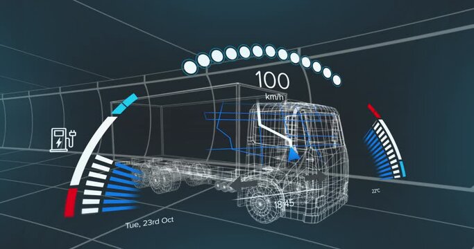 Animation of network of eco icons over 3d truck drawing